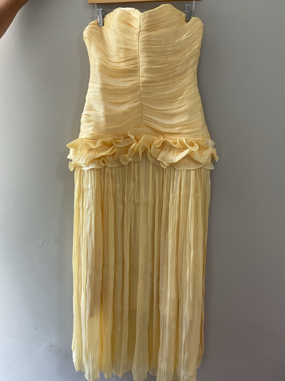 Strapless Ruffled Peplum Maxi Dress in Soft Yellow